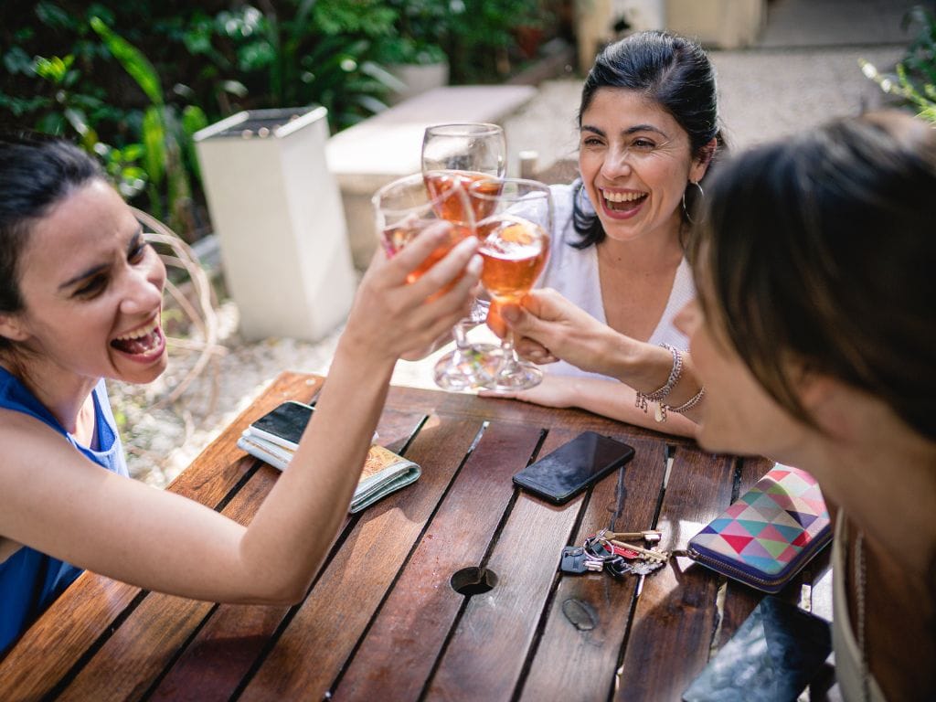 three ladies in a garden doing cheers with a glass of rose wine