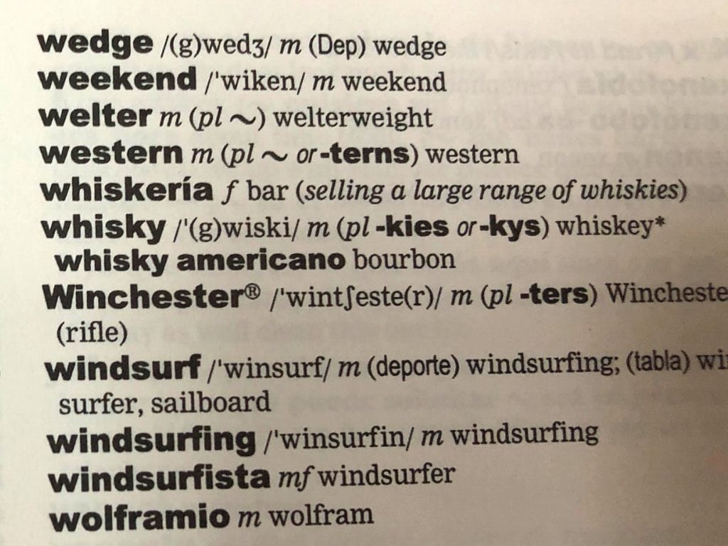 page in an old Spanish-English dictionary with W words from wedge to wolframio
