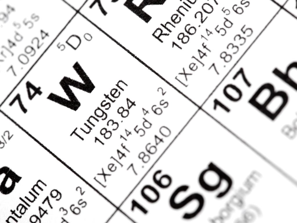 close up of the W for Tungsten on the periodic table of the elements