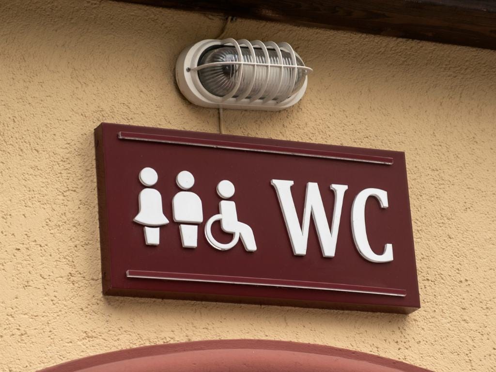 a sign for the WC with a male, female, and handicapped icon