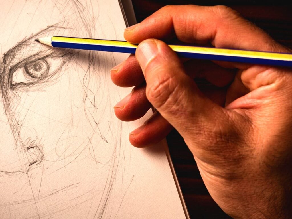 hand sketching a face with an emphasis on the eye
